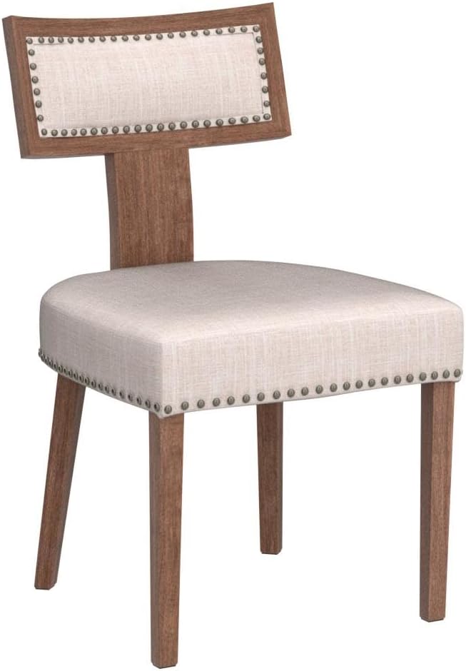 Mid Century Modern Dining Chairs Set of 2, Farmhouse Linen Fabric Upholstered Accent Chairs Curved Nailhead Trim Backrest Kitchen Chairs, with Hardwood Frame, Beige