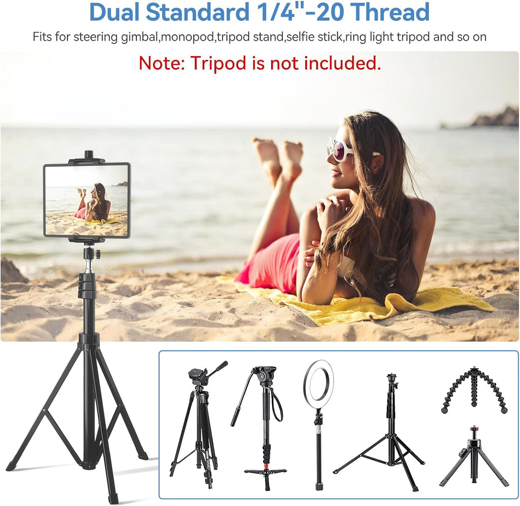 iPad and Phone Tripod Mount Adapter with Ball Head, iPad Holder for Tripod, 360 Rotatable Tablet Clamp Mount fits iPad Pro 12.9, Air Mini 3 4, Galaxy Tab, Surface Pro, Selfie Stick(5.3-10.6")