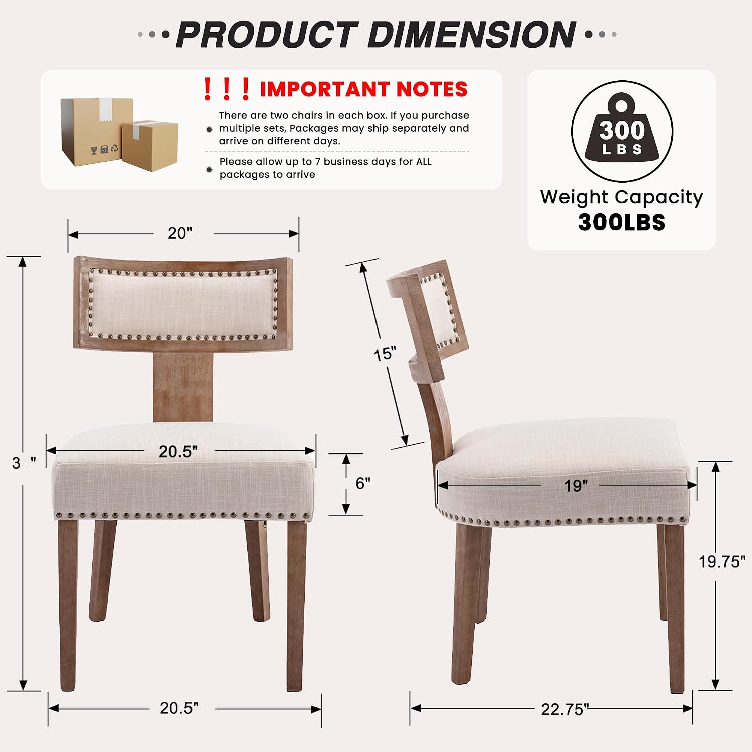 Mid Century Modern Dining Chairs Set of 2, Farmhouse Linen Fabric Upholstered Accent Chairs Curved Nailhead Trim Backrest Kitchen Chairs, with Hardwood Frame, Beige