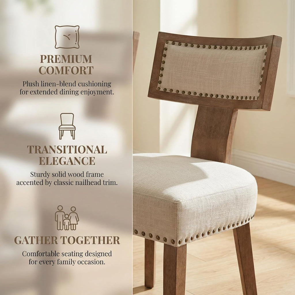 Mid Century Modern Dining Chairs Set of 2, Farmhouse Linen Fabric Upholstered Accent Chairs Curved Nailhead Trim Backrest Kitchen Chairs, with Hardwood Frame, Beige