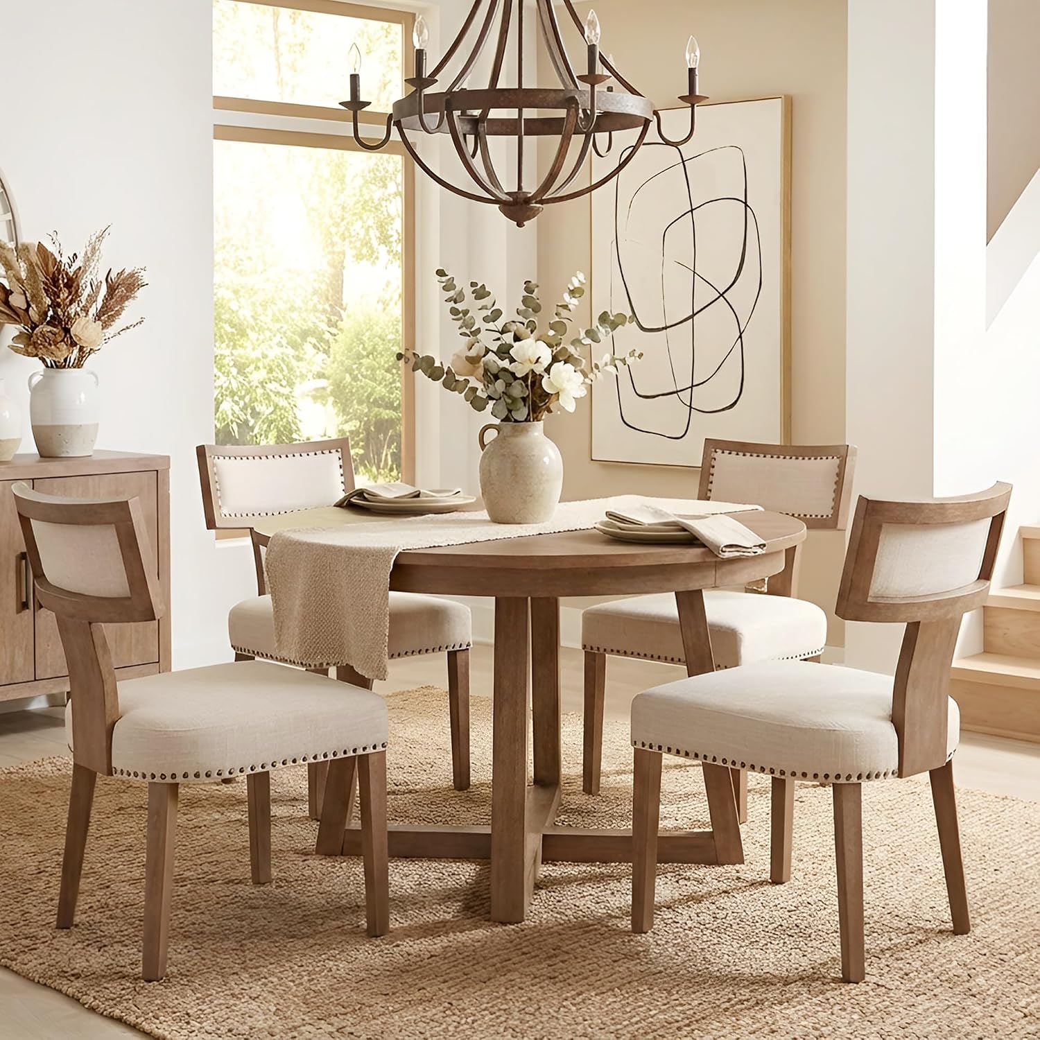 Mid Century Modern Dining Chairs Set of 2, Farmhouse Linen Fabric Upholstered Accent Chairs Curved Nailhead Trim Backrest Kitchen Chairs, with Hardwood Frame, Beige