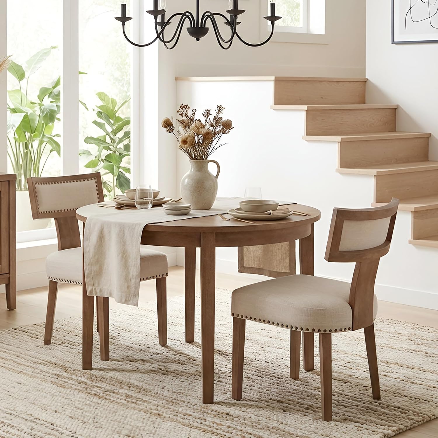 Mid Century Modern Dining Chairs Set of 2, Farmhouse Linen Fabric Upholstered Accent Chairs Curved Nailhead Trim Backrest Kitchen Chairs, with Hardwood Frame, Beige